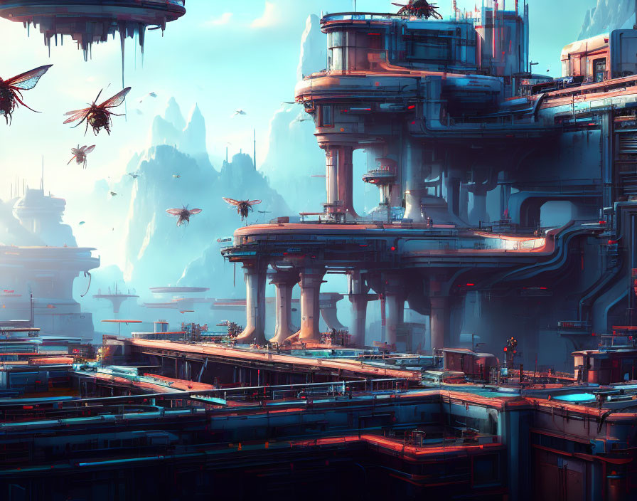 Futuristic cityscape with towering structures and flying vehicles in a hazy blue-toned atmosphere