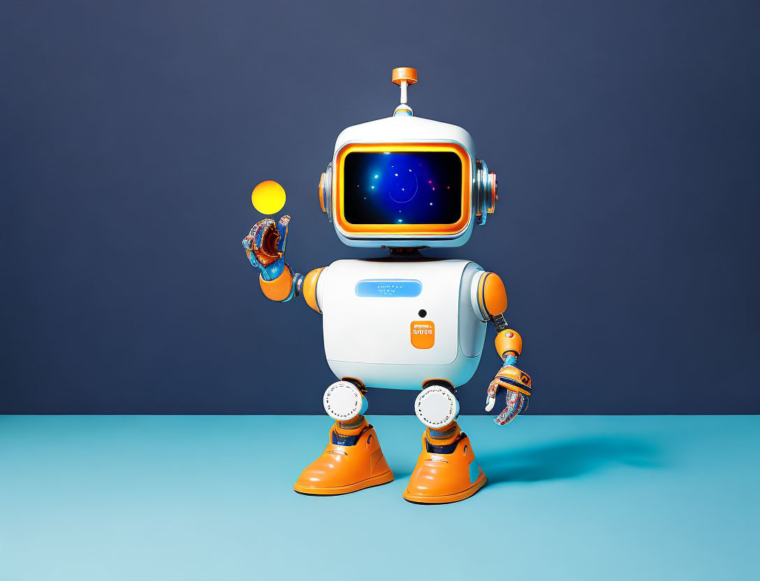 Stylized robot with screen face holding yellow ball on blue background