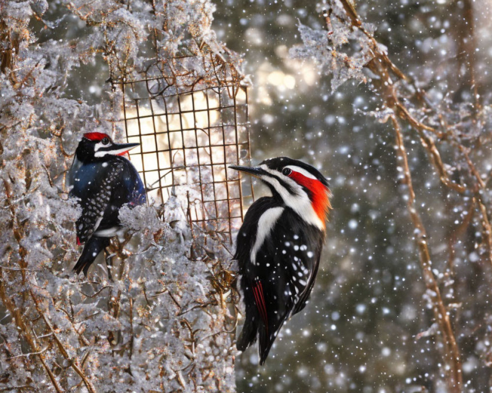 Woodpeckers on suet feeder in gentle snowfall with frost-covered branches