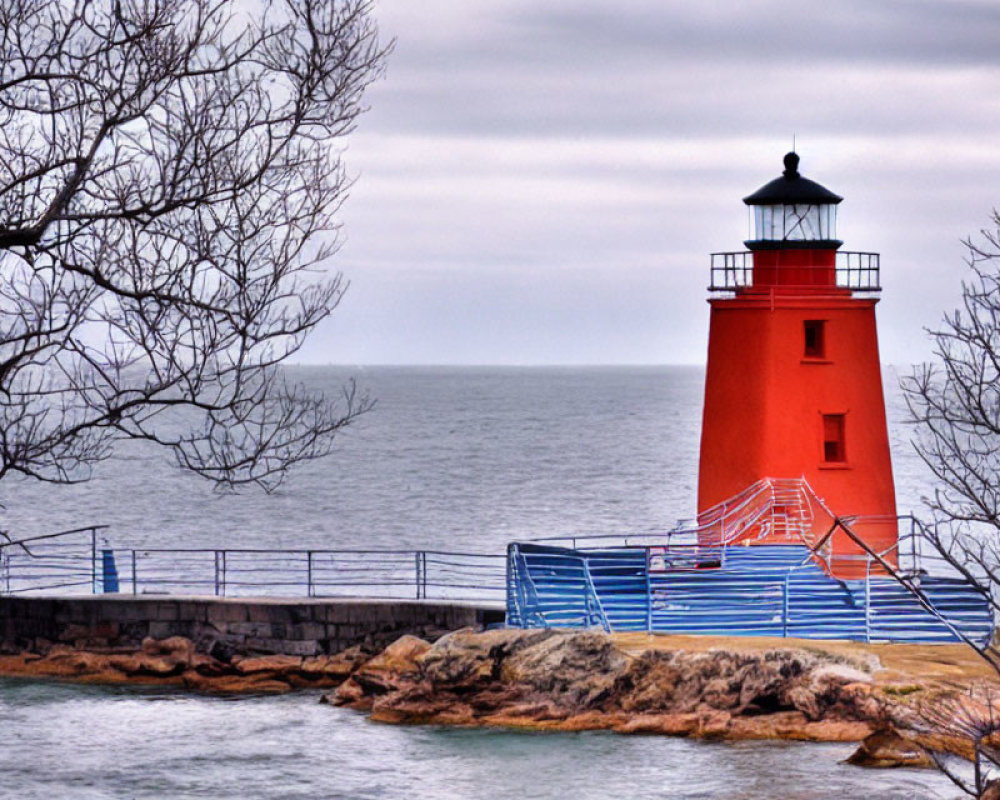 Red lighthouse on rocky outcrop with trees and blue railing by the sea