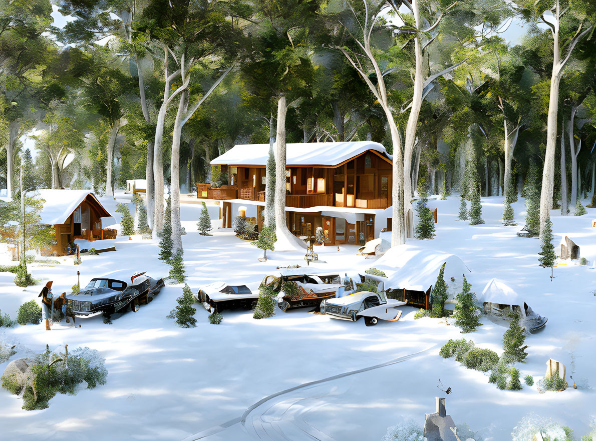 Modern house in winter setting with snow-covered trees, car, and outdoor furniture