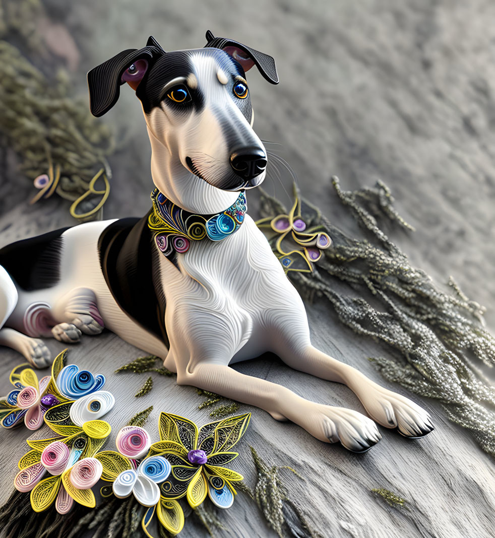 Detailed digital illustration of a black and white dog with multicolored paper quilling collar and vibrant paper