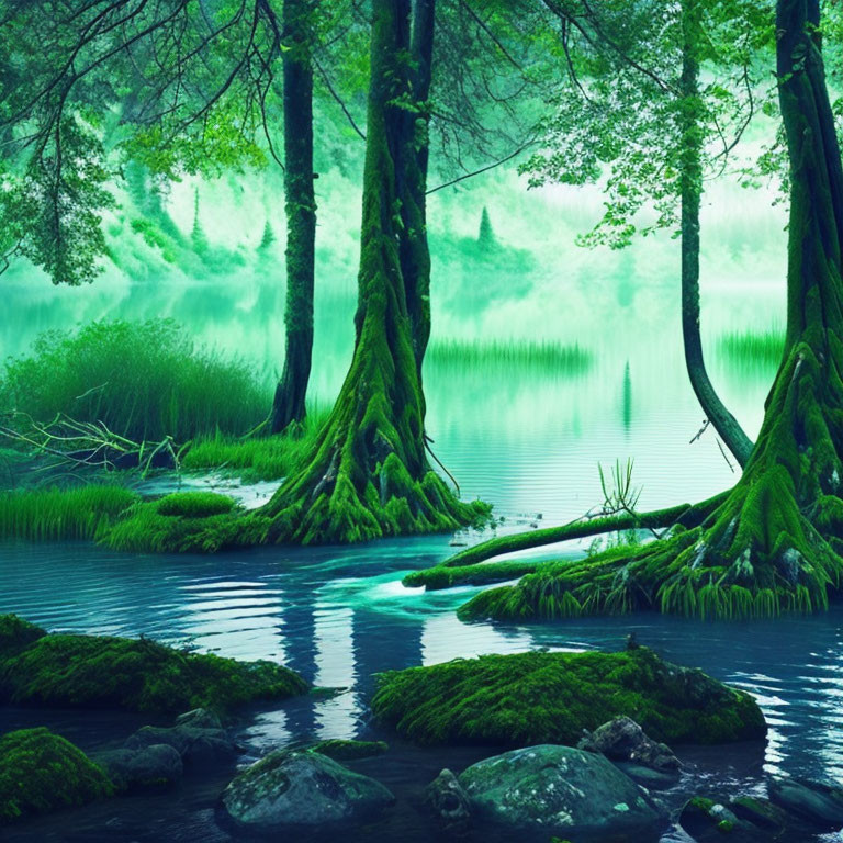 Tranquil misty lake in lush green forest with moss-covered trees
