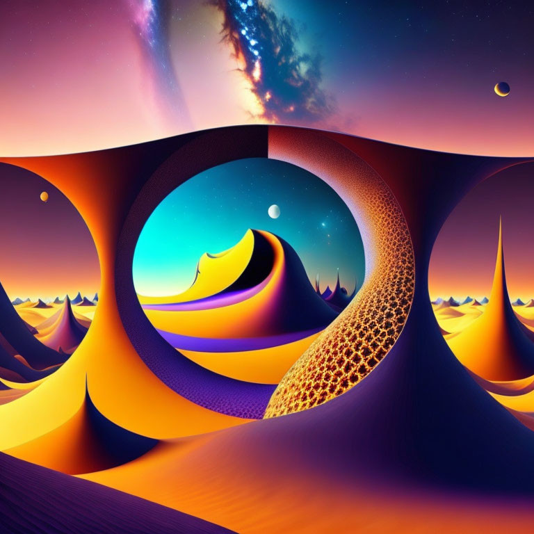 Vibrant surreal landscape with abstract shapes and cosmic elements