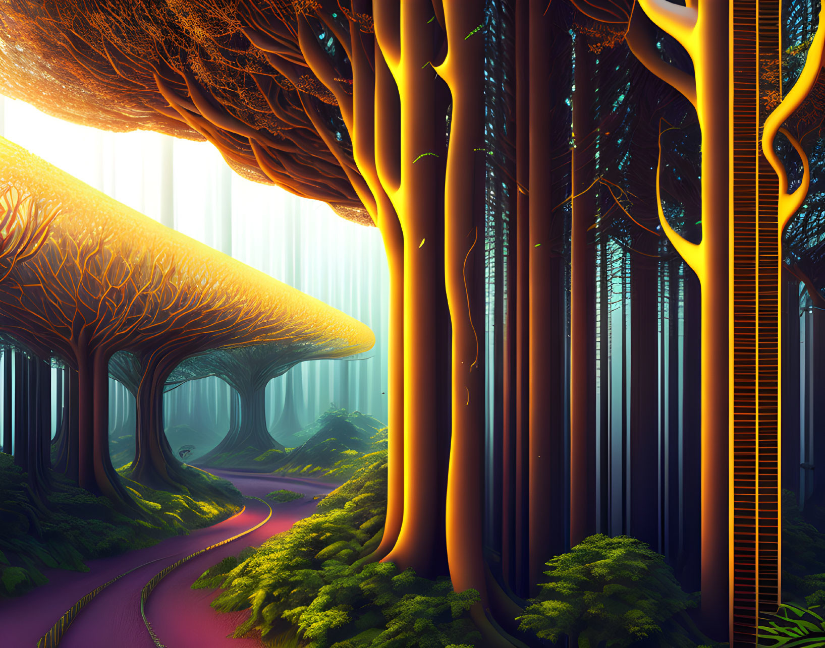 Lush Forest Landscape with Towering Trees and Golden Ladder