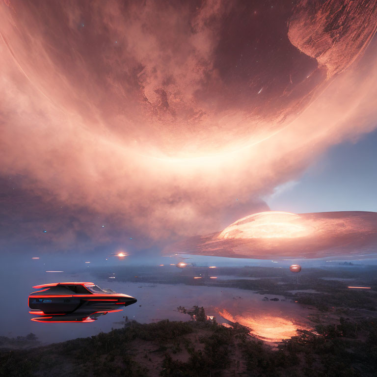 Futuristic scene: Spaceships, ringed planet, moon, serene landscape