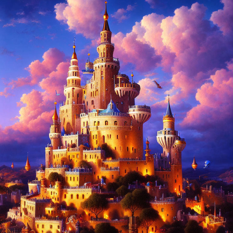 Enchanting castle illustration at twilight with illuminated windows
