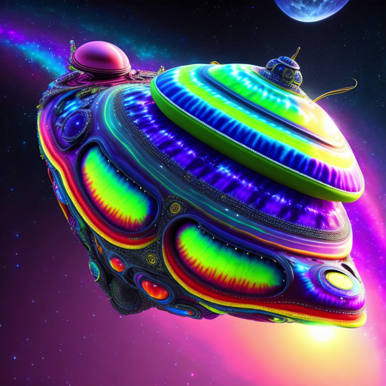 Colorful UFO with neon lights in space scenery