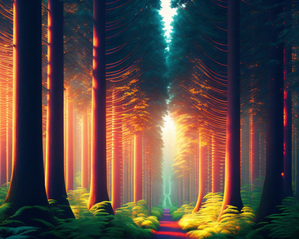 Enchanting forest scene with tall trees and glowing path