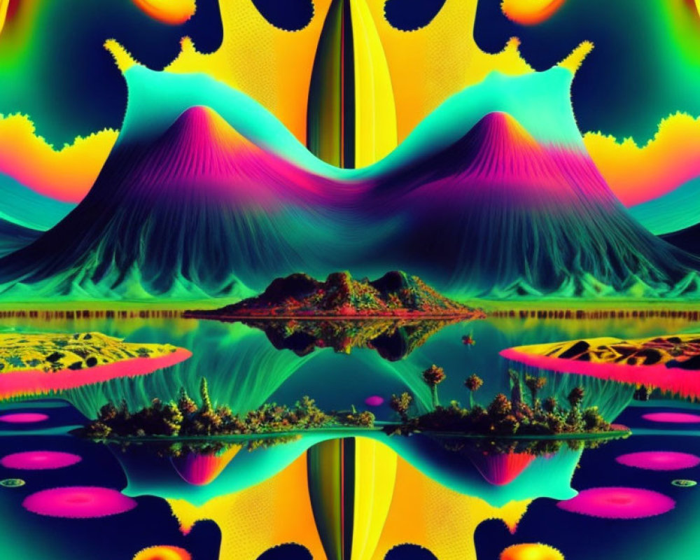 Colorful Psychedelic Mountain Landscape Artwork with Abstract Shapes