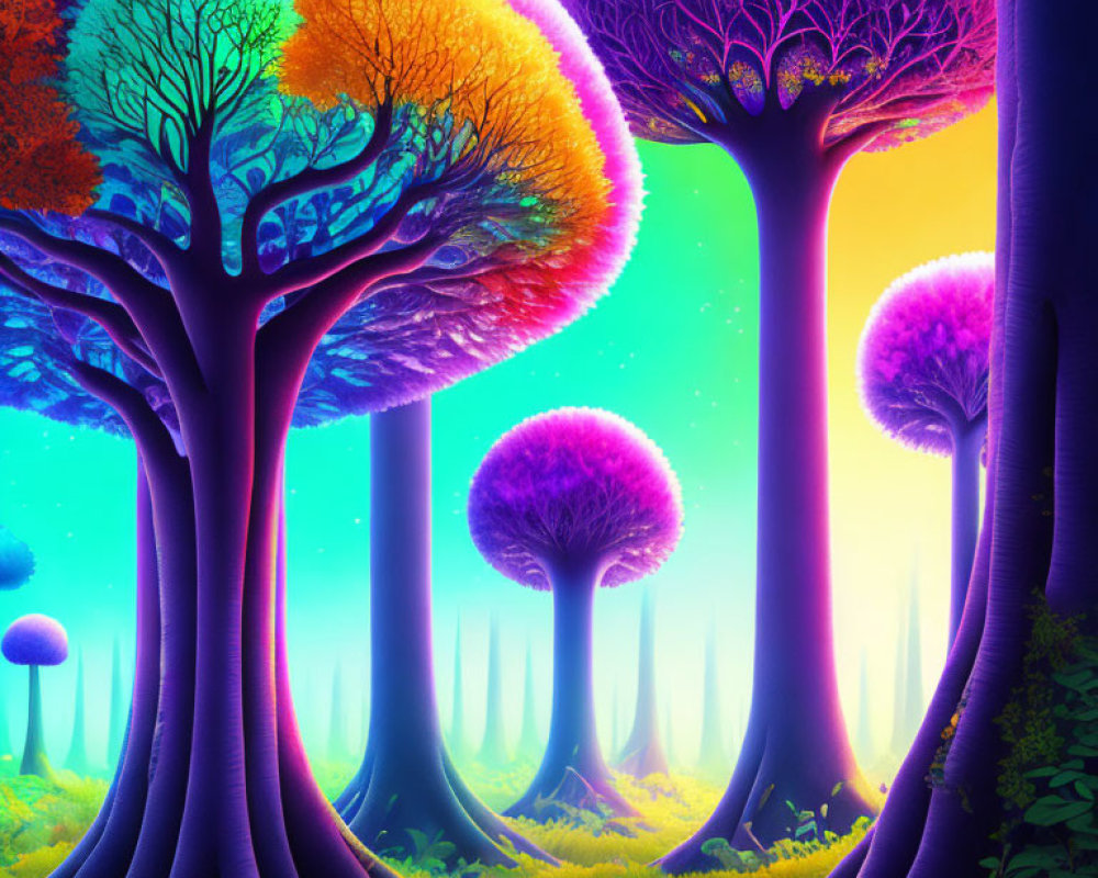 Colorful oversized trees in vibrant forest scene