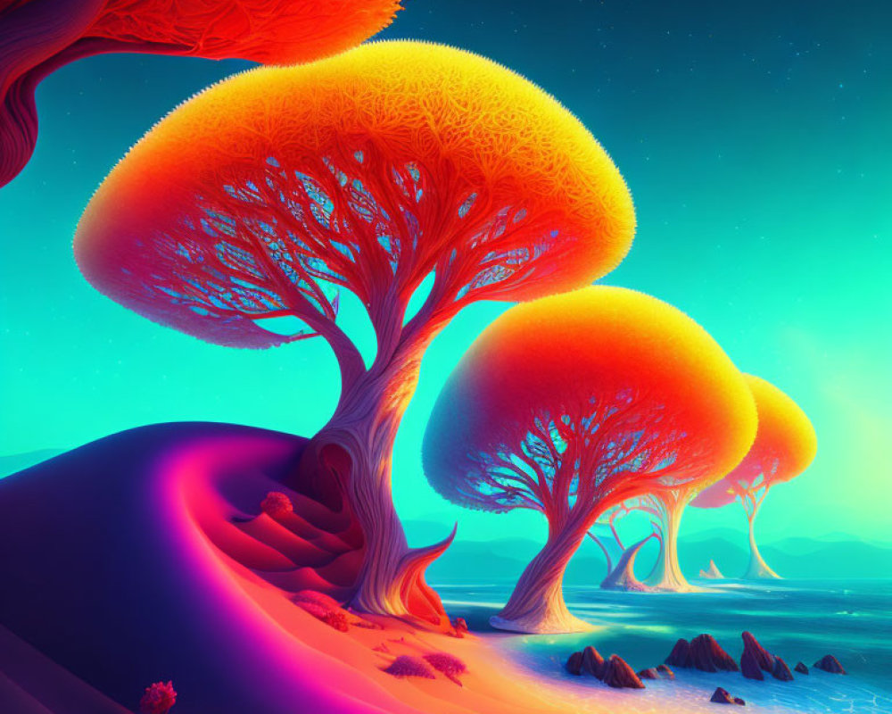 Surreal landscape with glowing orange trees and teal sky