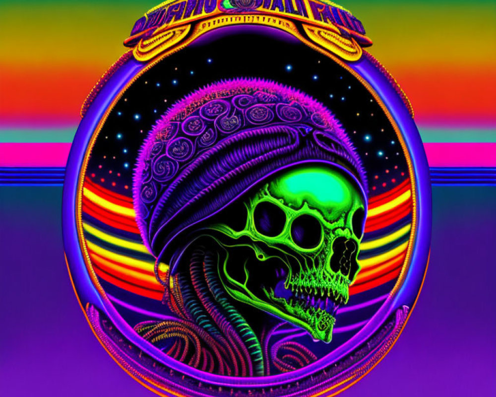 Colorful psychedelic artwork featuring neon green skull on swirling background with ornate border.