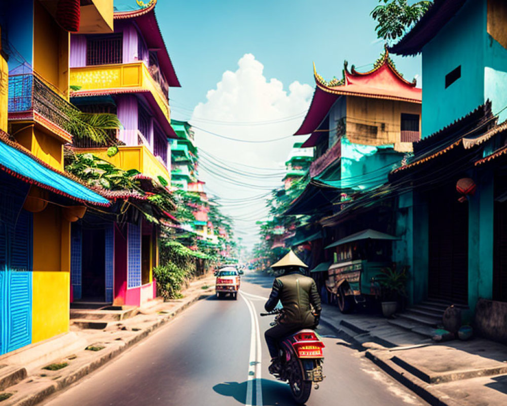 Motorcyclist riding past colorful Asian-style buildings under clear blue sky
