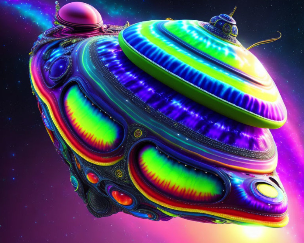 Colorful UFO with neon lights in space scenery