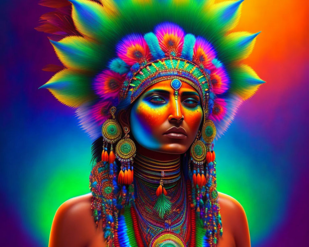 Colorful Portrait with Elaborate Headdress on Rainbow Background