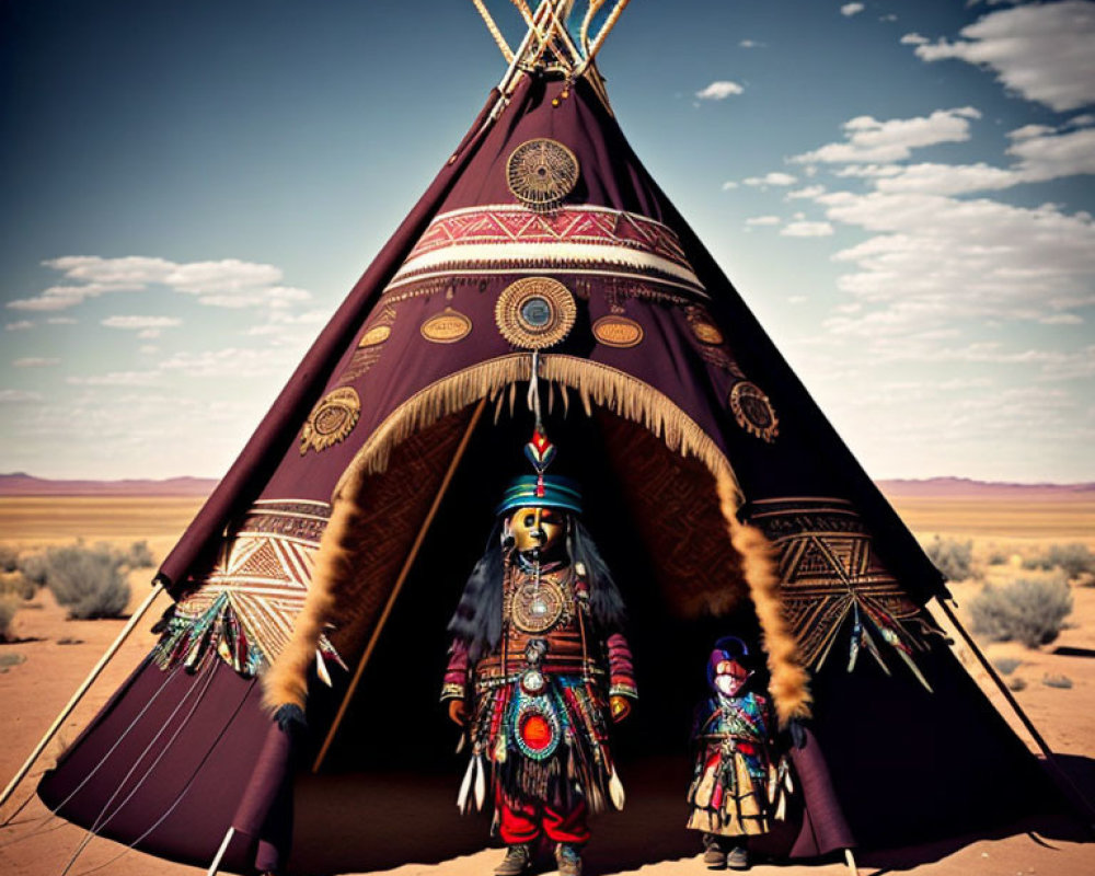 Traditional Teepee with Native Americans in Desert Landscape