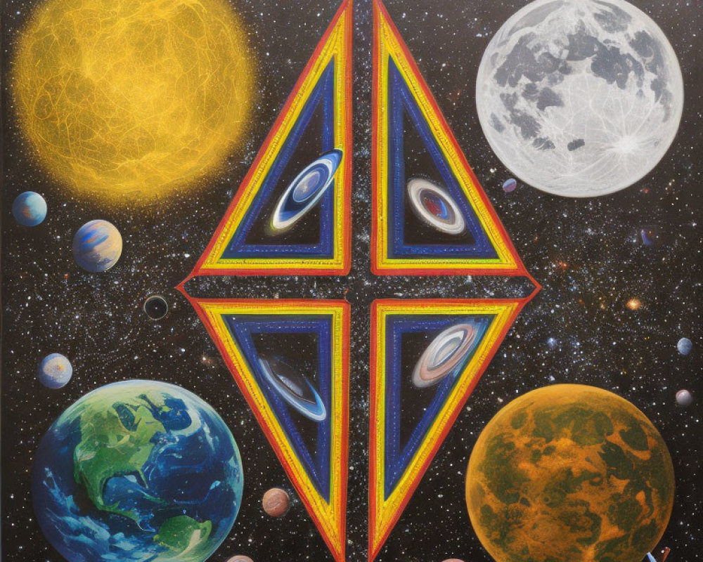 Colorful Cosmic Painting with Planets, Sun, Moon, and Geometric Shape
