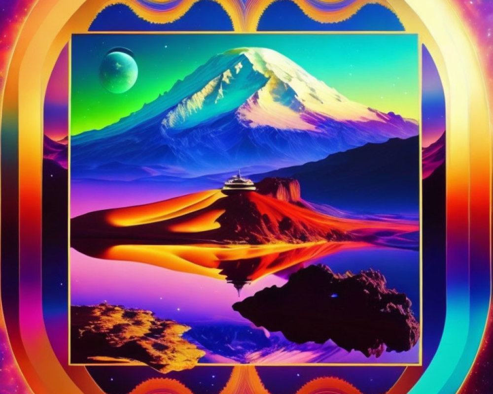 Colorful Psychedelic Mountain Artwork with Spaceship and Rainbow Halos