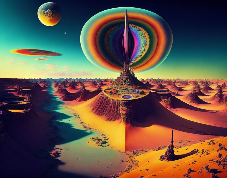 Vibrant multi-colored dunes under a surreal sky with fantastical planets