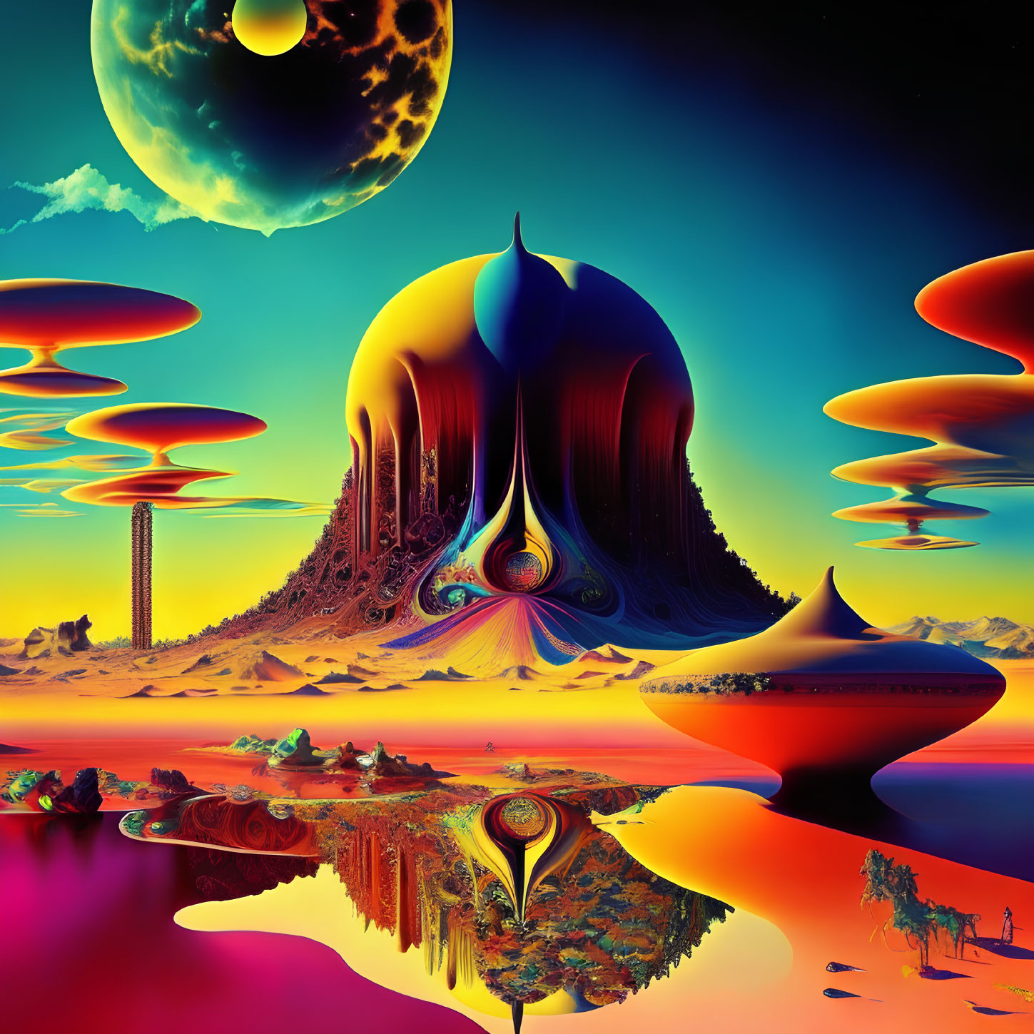 Surreal landscape with floating islands and bright colors