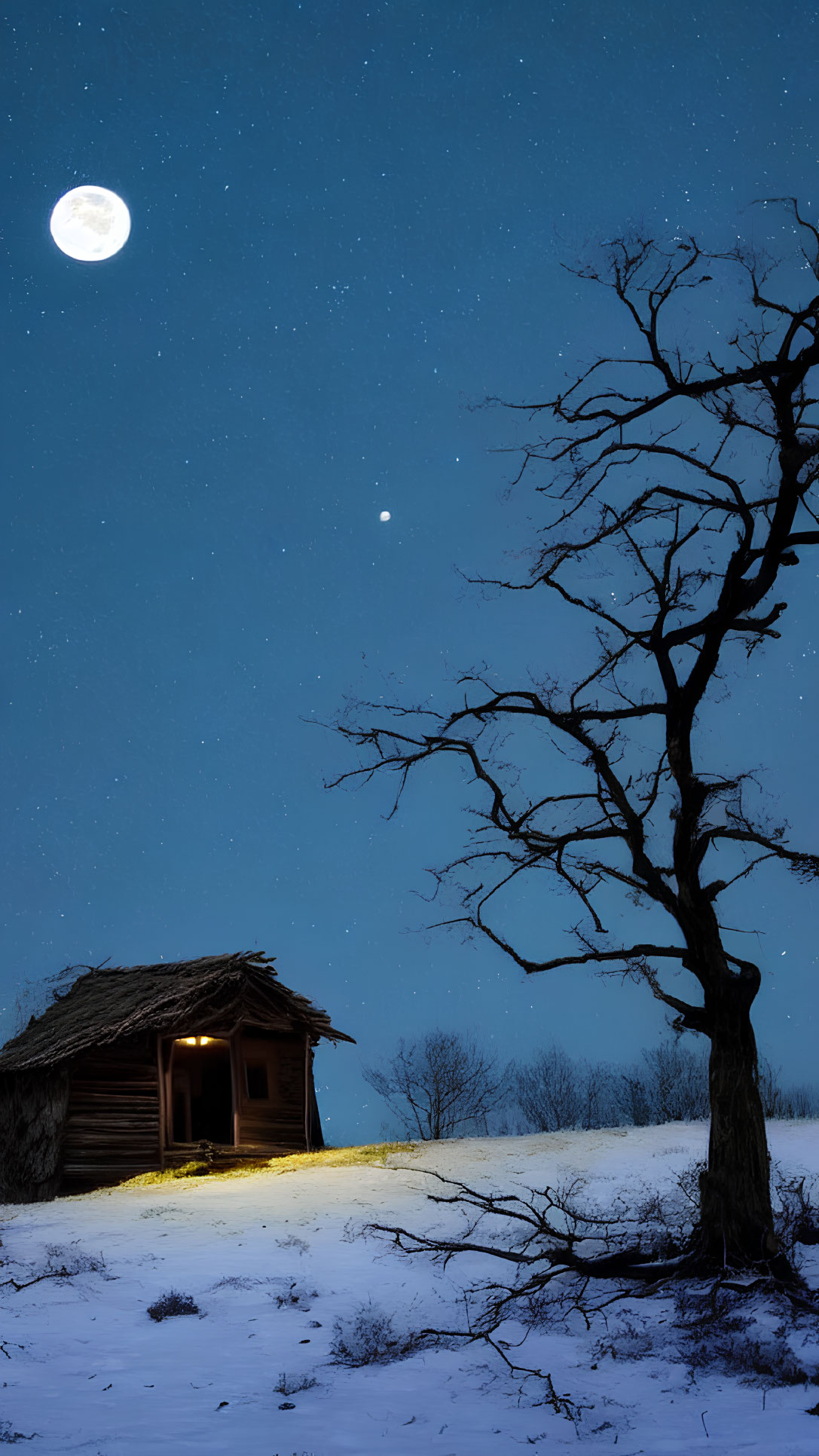 Snow-covered landscape with full moon and stars above, bare tree, and cozy cabin.