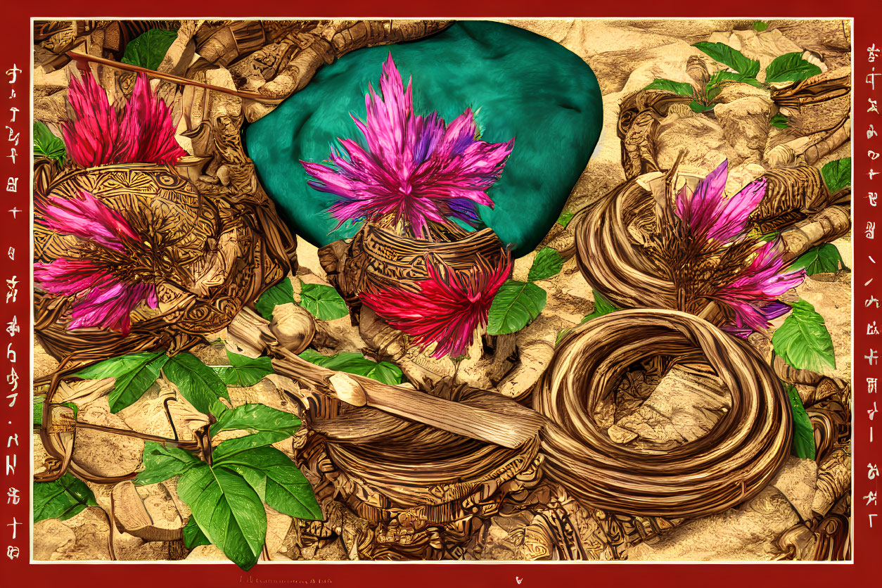 Colorful digital artwork: Pink flowers, baskets, rope, teal cloth, intricate patterns, Japanese text