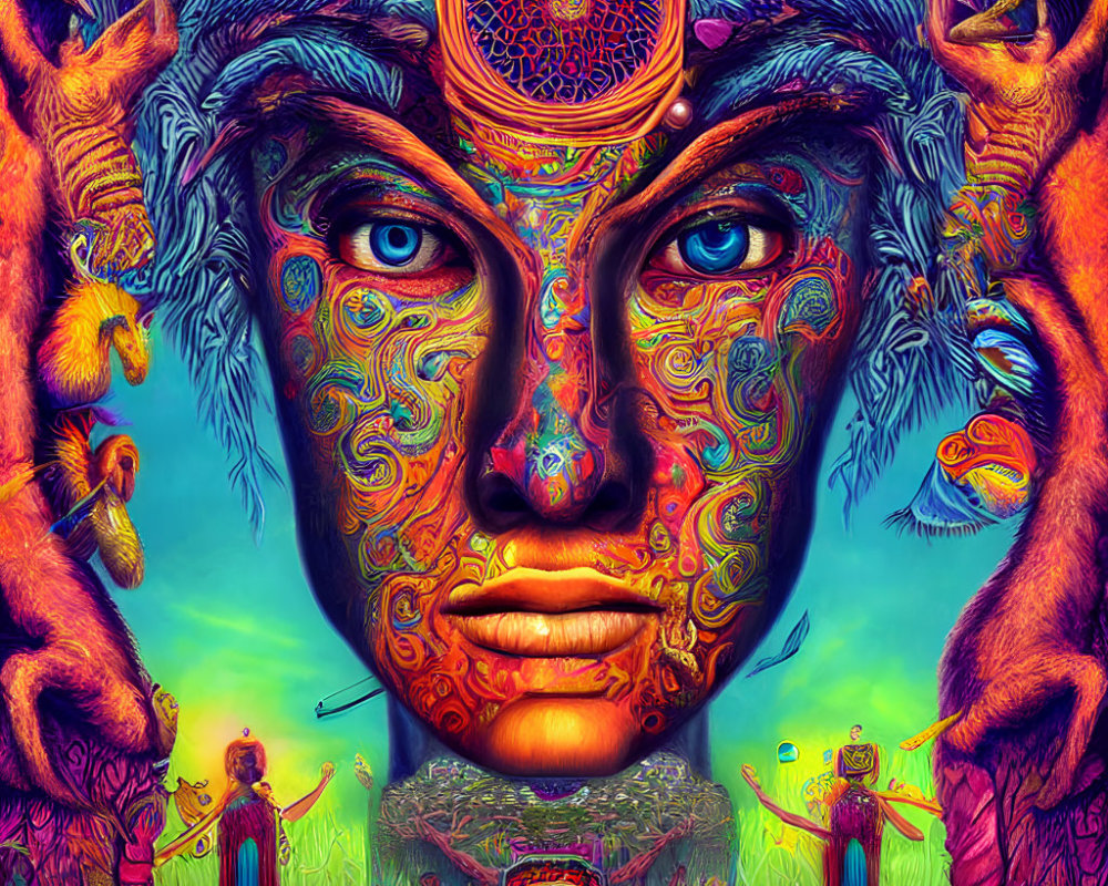 Colorful Psychedelic Image with Central Face and Symmetrical Figures