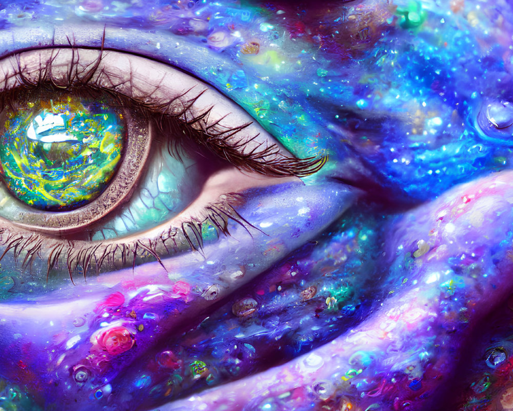 Colorful eye artwork with cosmic textures and water droplets