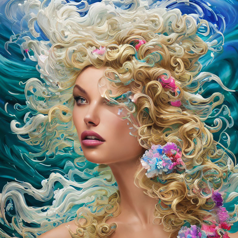 Blonde woman with floral hair in ocean-inspired digital art