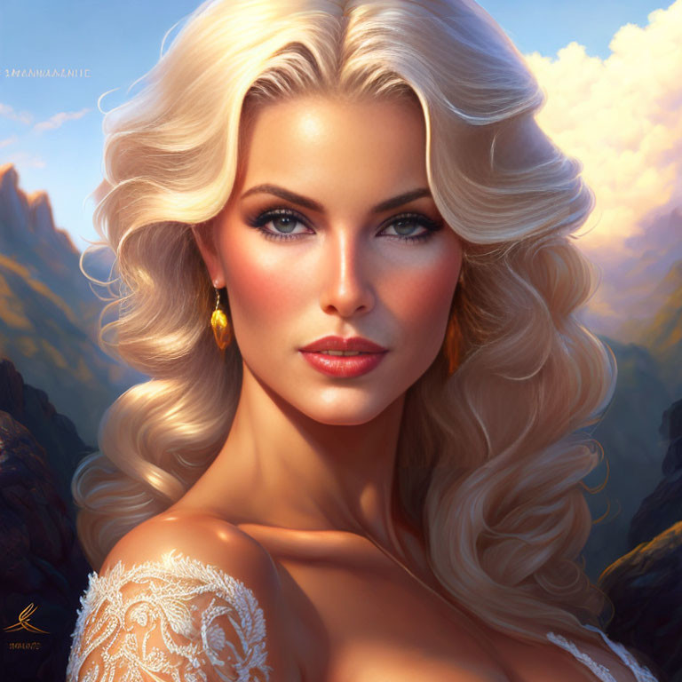 Digital Artwork: Woman with Blonde Hair, Blue Eyes, and Red Lipstick in White Lace Dress
