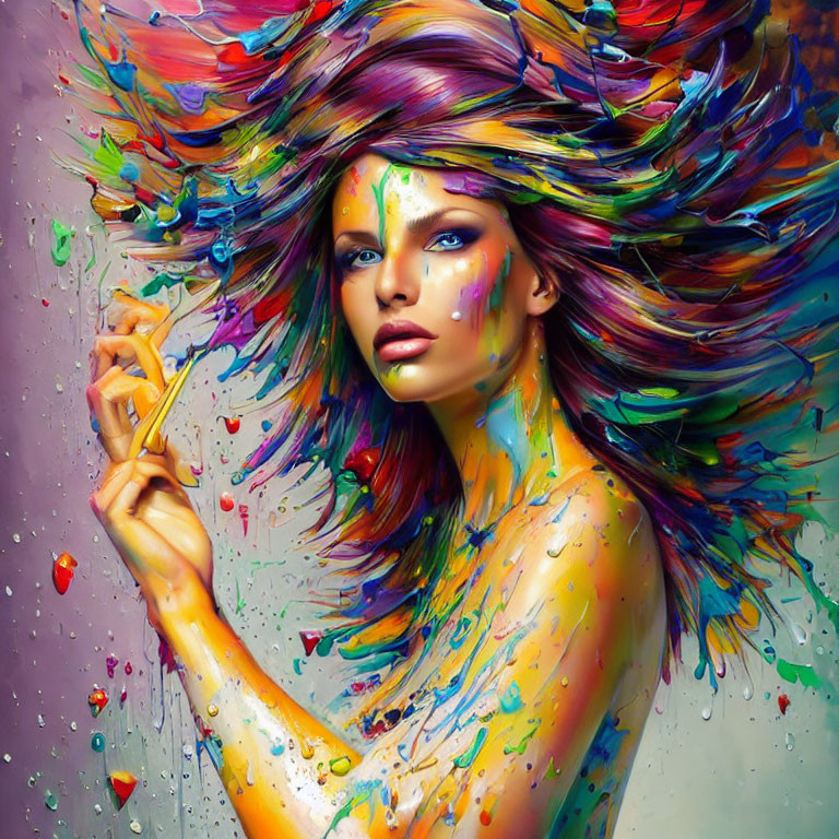Colorful Portrait of Woman with Paint Splashes and Intense Gaze