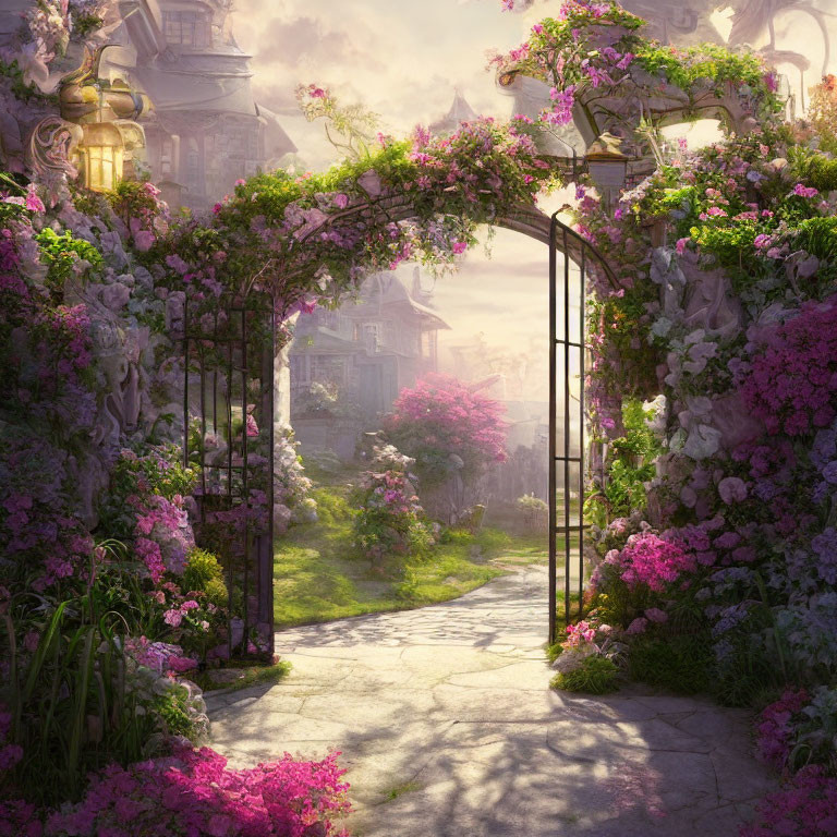 Enchanting garden path with flower-covered archway to quaint village in warm sunlight