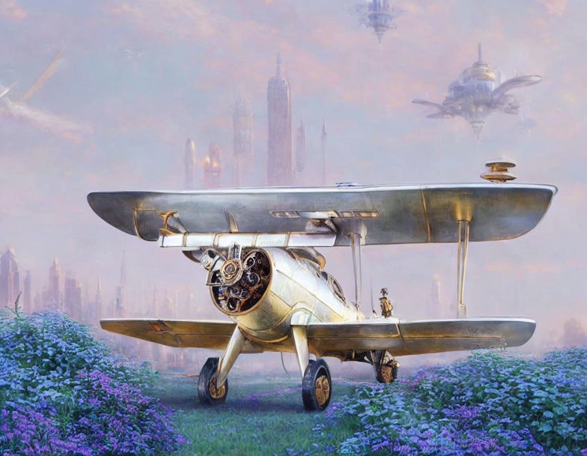 Vintage biplane in field with futuristic cityscape and flying vehicles.