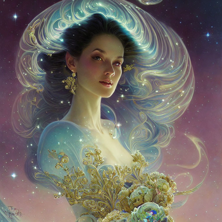 Portrait of a woman with galaxy hair and golden ornaments gazing at stars holding bouquet