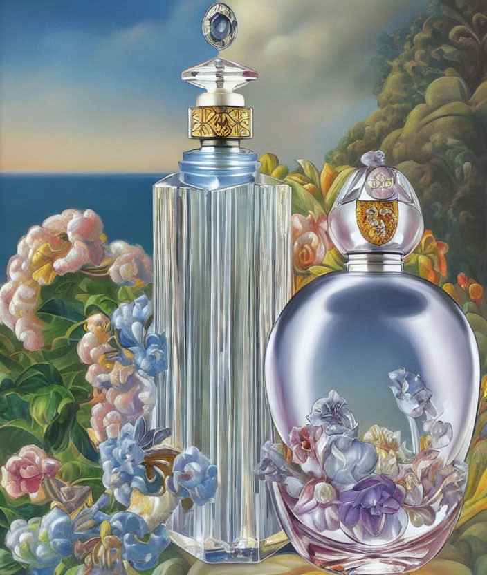 Ornate perfume bottles with floral designs on verdant background
