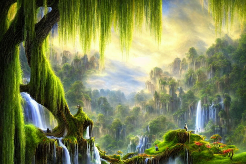 Mystical landscape with waterfalls, lush greenery, and Spanish moss