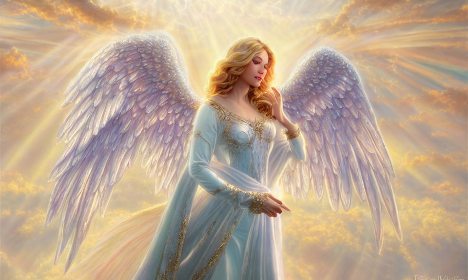 Detailed Angel with Large Wings in Light Blue Gown Against Radiant Glow