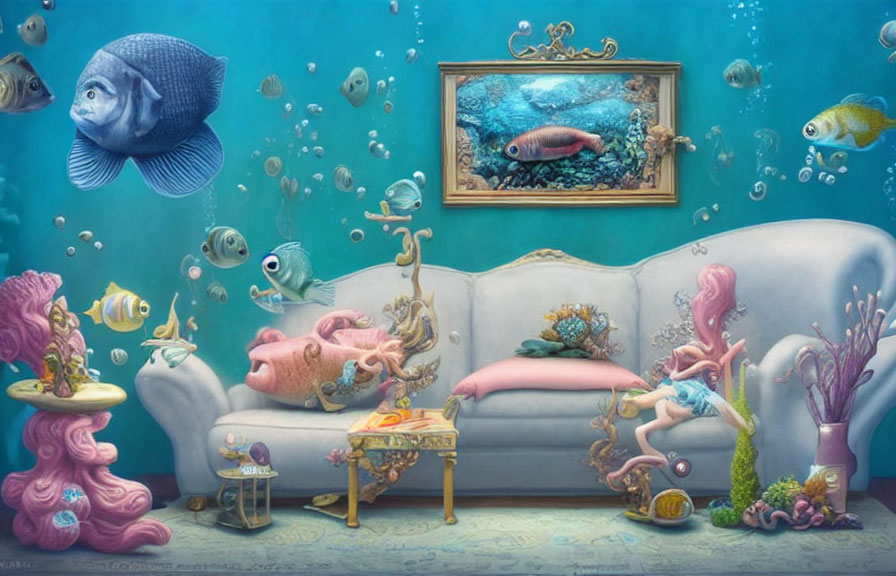 Mermaid lounging in submerged living room surrounded by fish and coral