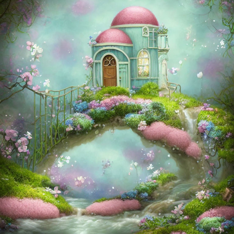 Whimsical round house with pink and turquoise dome in lush garden