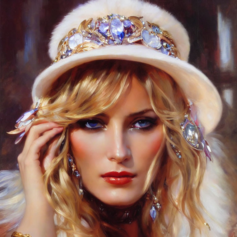 Portrait of Woman with Striking Blue Eyes and Luxurious White Hat