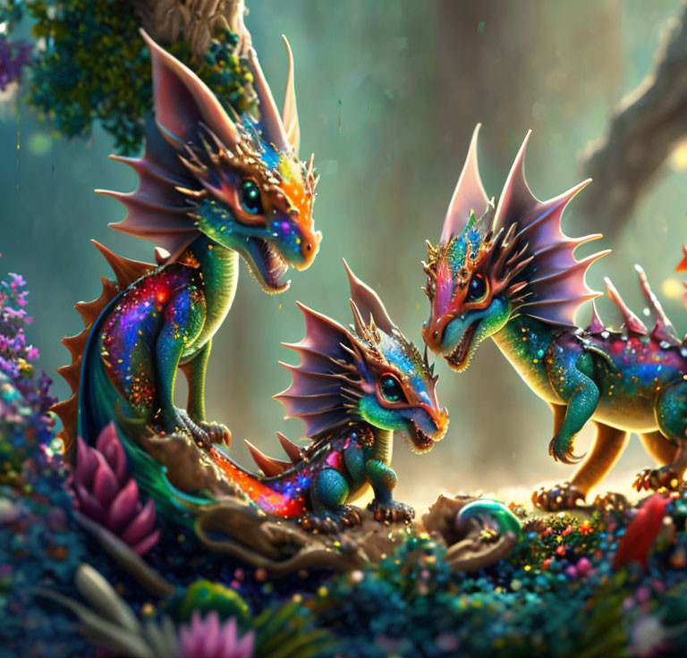 Colorful Iridescent Dragons in Vibrant Forest Scene