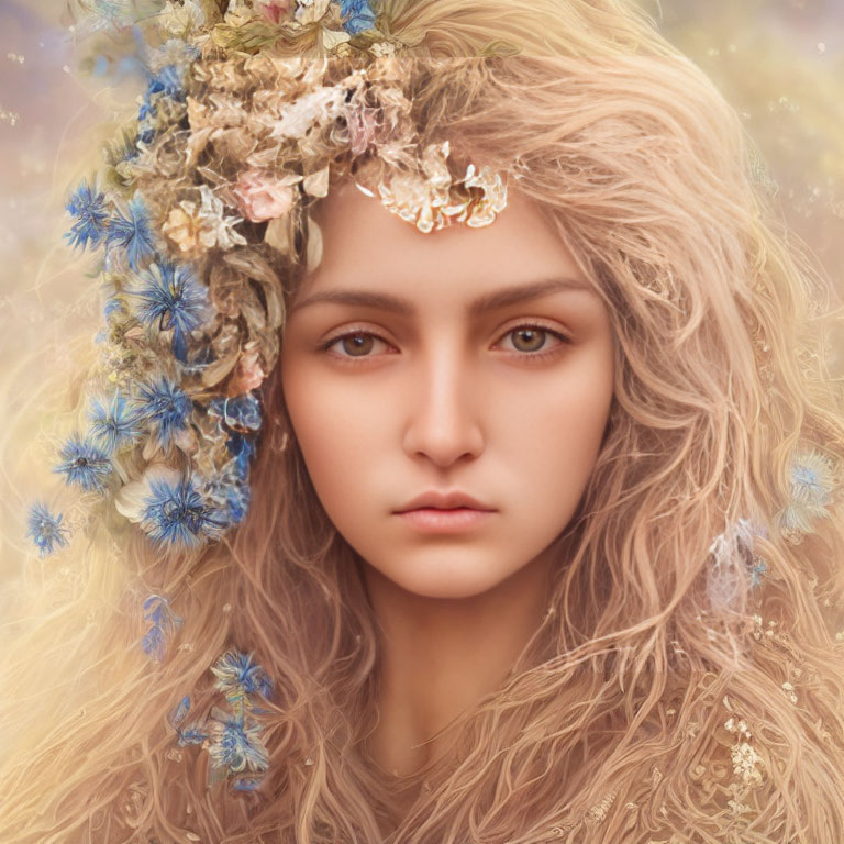 Woman portrait with floral headpiece, golden adornment, and intense gaze
