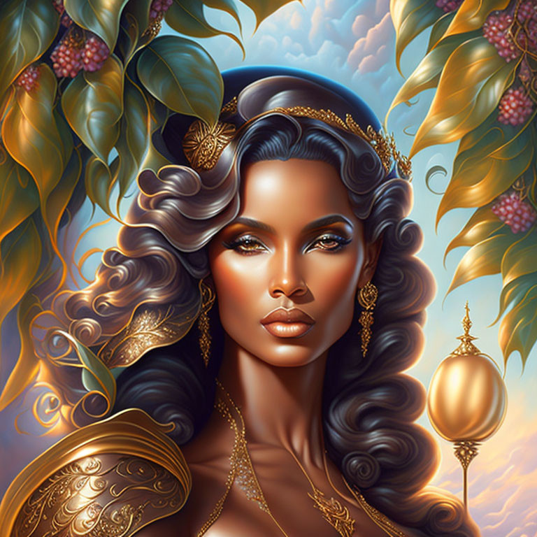 Illustrated portrait of woman with flowing hair and gold ornaments against sunlit foliage.