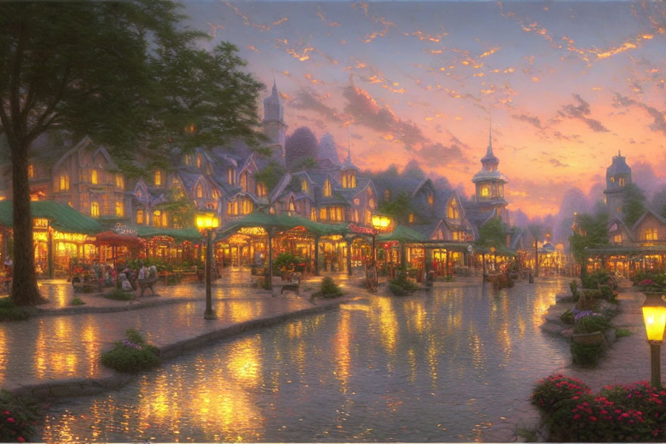 Picturesque village at twilight with quaint houses, lit street lamps, serene river, and bird-filled sky