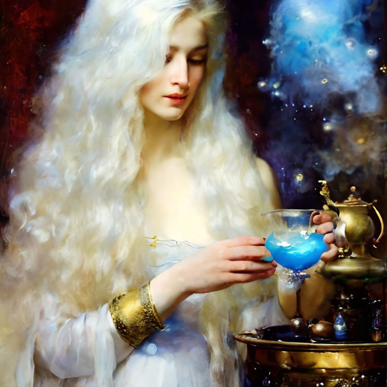 Fantasy painting of pale woman with white hair holding blue goblet in dreamy starry setting