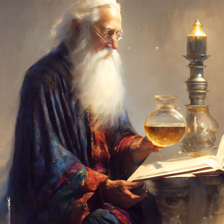 Elderly wizard studying tome with glowing potion and brass lamp