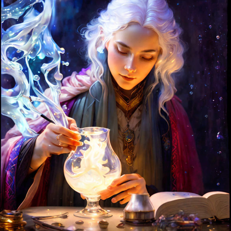 White-Haired Figure Enchanting Glowing Goblet in Mystical Scene