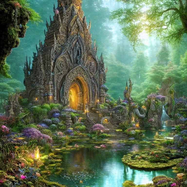 Enchanted forest temple with lush greenery and serene water