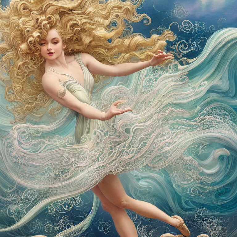 Blonde woman in flowing dress with water-like effect